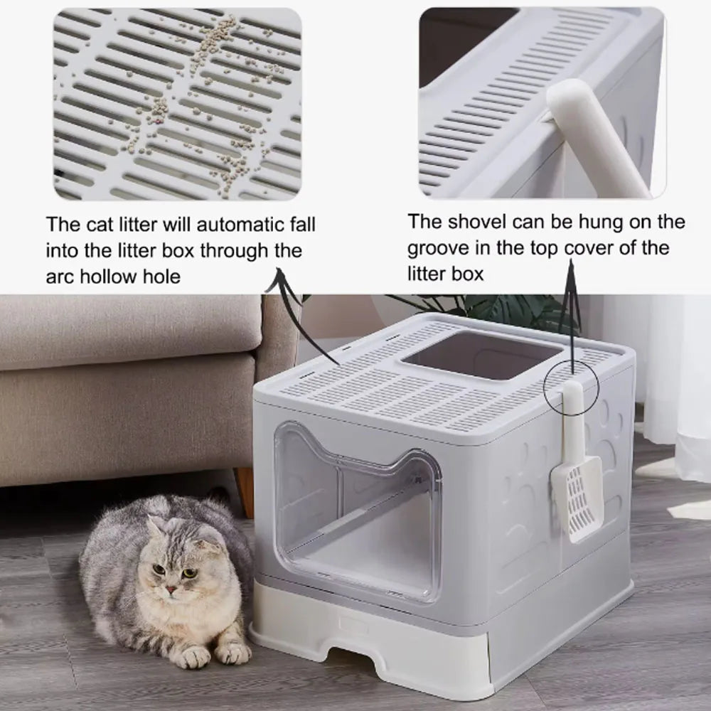 Foldable Litter Box With Drawer And Scooper For Cats