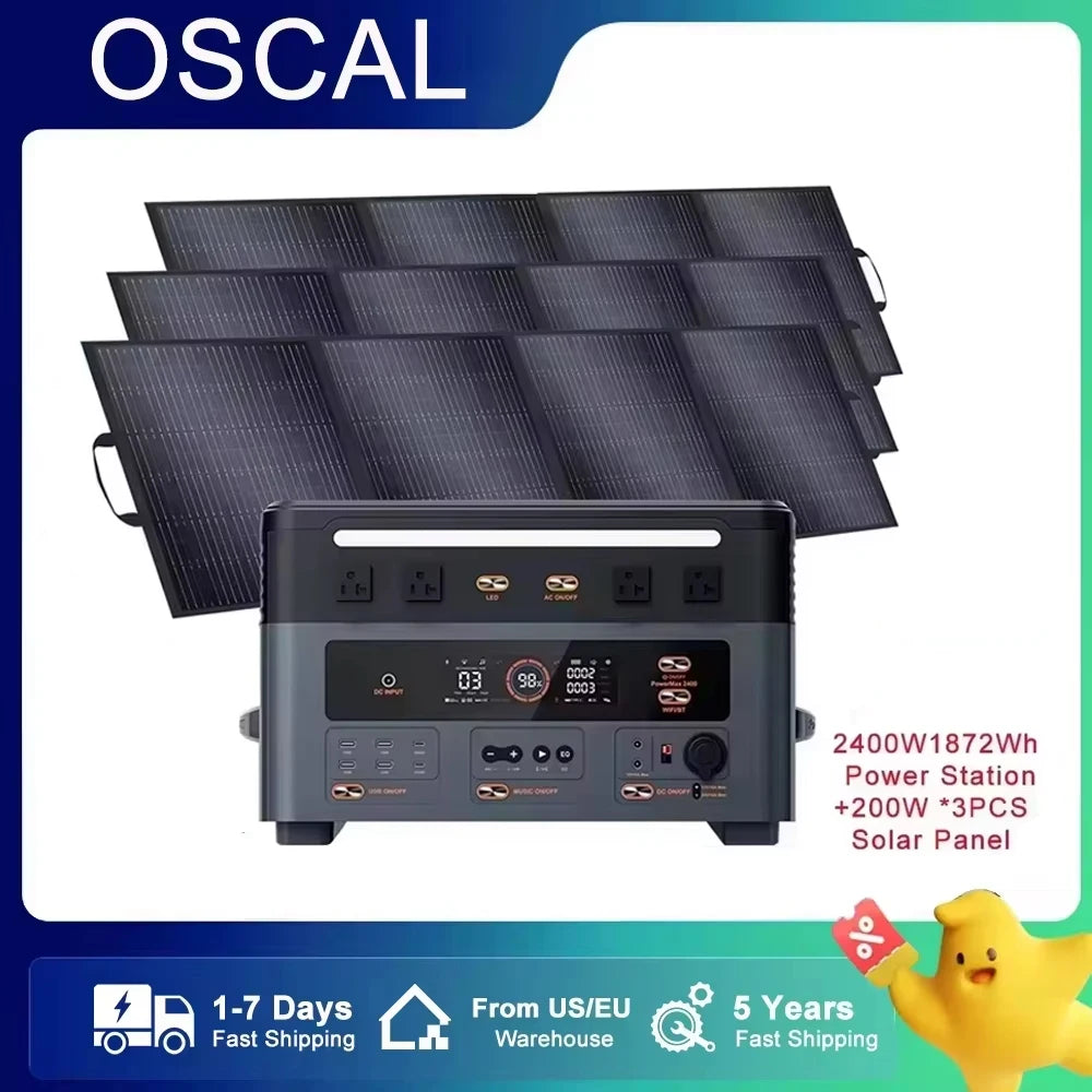 OSCAL 1872Wh Solar Generator 2400W Peak 4800W Portable Power Station With 3x200W Solar Panels LiFePO4 Battery