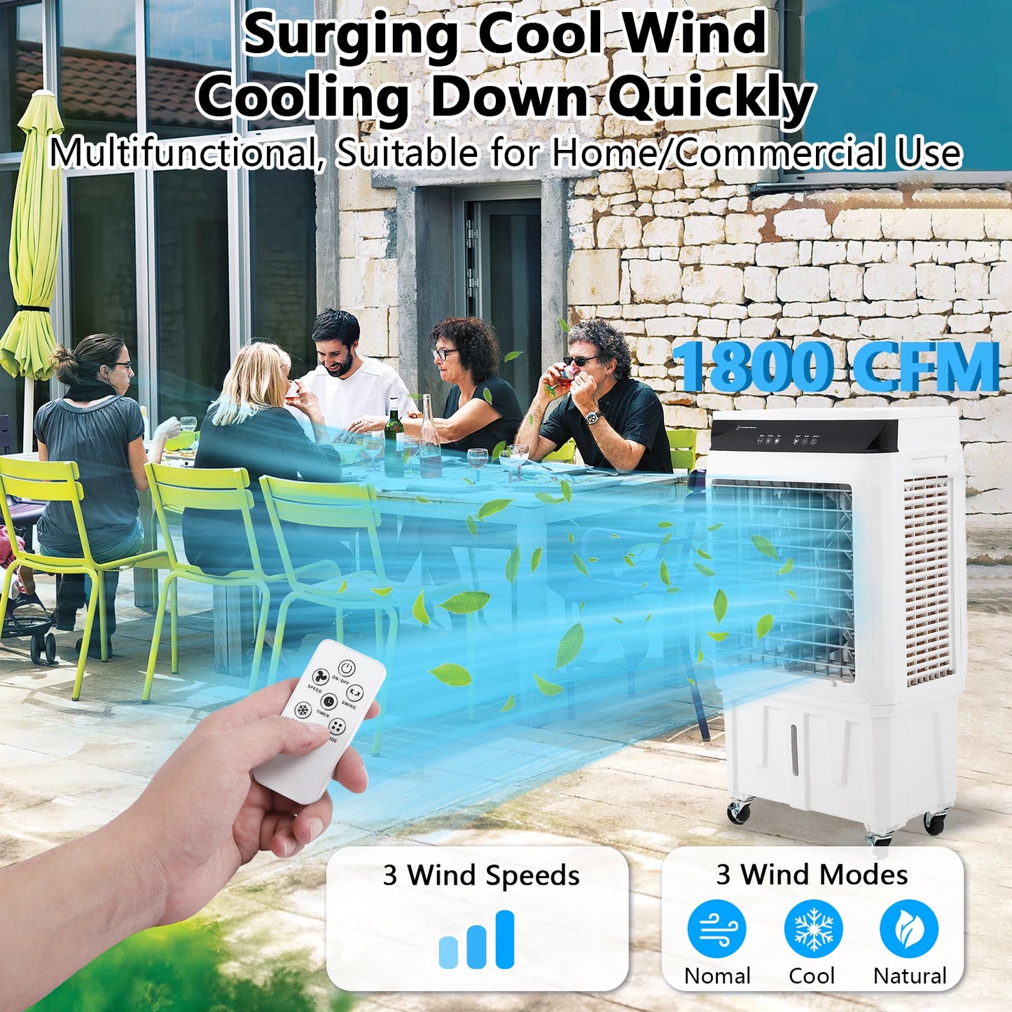 Evaporative Air Cooler 1800 CFM Swamp Cooler with Remote Control 12 Hour Timer 4 Ice Packs 3 Modes and Wind Speeds 8.4 Gallon