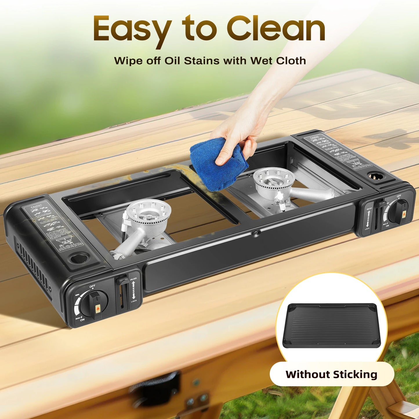 Portable Dual Burner Camping Stove With Grill Tray Case