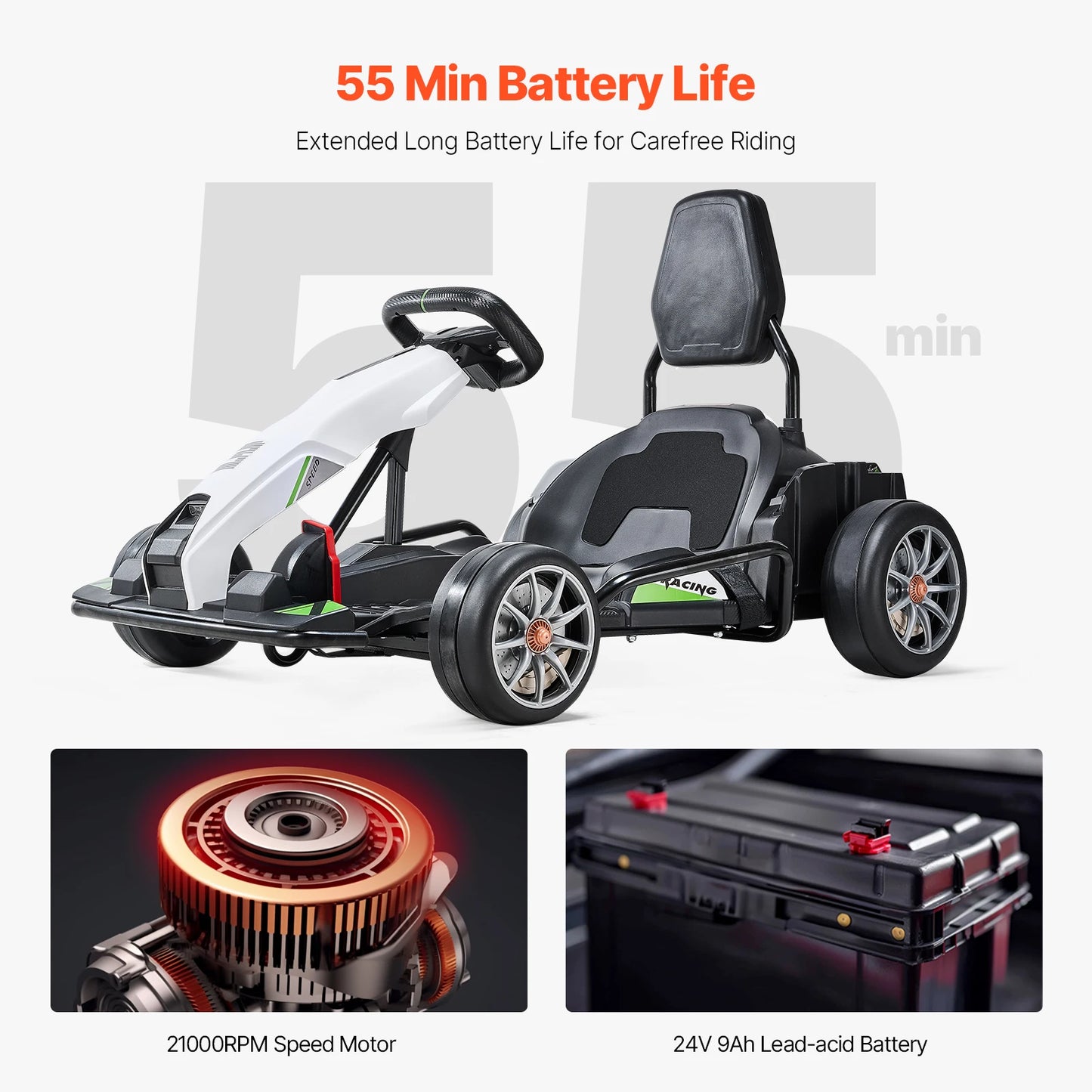 SucceBuy 24V 9Ah Electric Pedal Go Kart Portable Outdoor Race Toy with 200W Motor Adjustable Speed and Brake for Kids