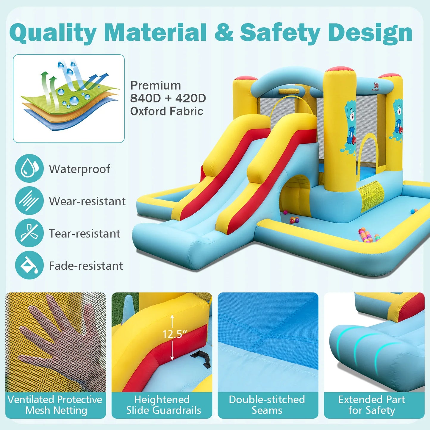 Inflatable Bounce House 7 in 1 Giant Bouncy Castle with Slide Tunnel Basketball Hoop and Ring Toss Game