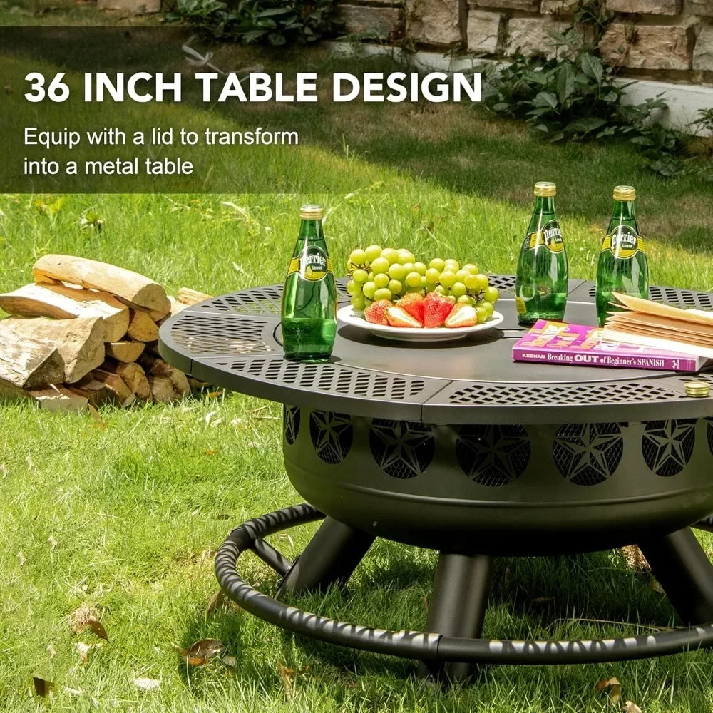 36 Inch Outdoor Wood Burning Fire Pit with Cooking Grill and Lid 3 in 1 Backyard Deck Bonfire Firepit