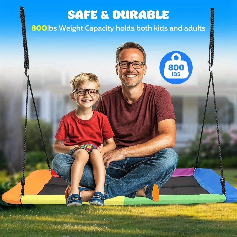 800lb Giant 60 Inch Rectangle Platform Tree Swing for Kids and Adults with 2 Hanging Straps Rainbow