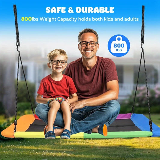 800lb Giant 60 Inch Rectangle Platform Tree Swing for Kids and Adults with 2 Hanging Straps Rainbow