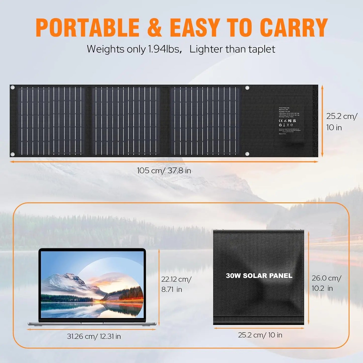 Foldable 30W USB Solar Panel Portable Waterproof Charger with QC3.0 USB-C Output for Outdoor Camping Hiking Cell Phone