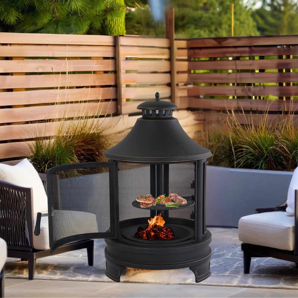 Garden Metal Outdoor Heating Furnace 2 in 1 Fire Pit with Swivel Removable Cooking Grate for Backyard