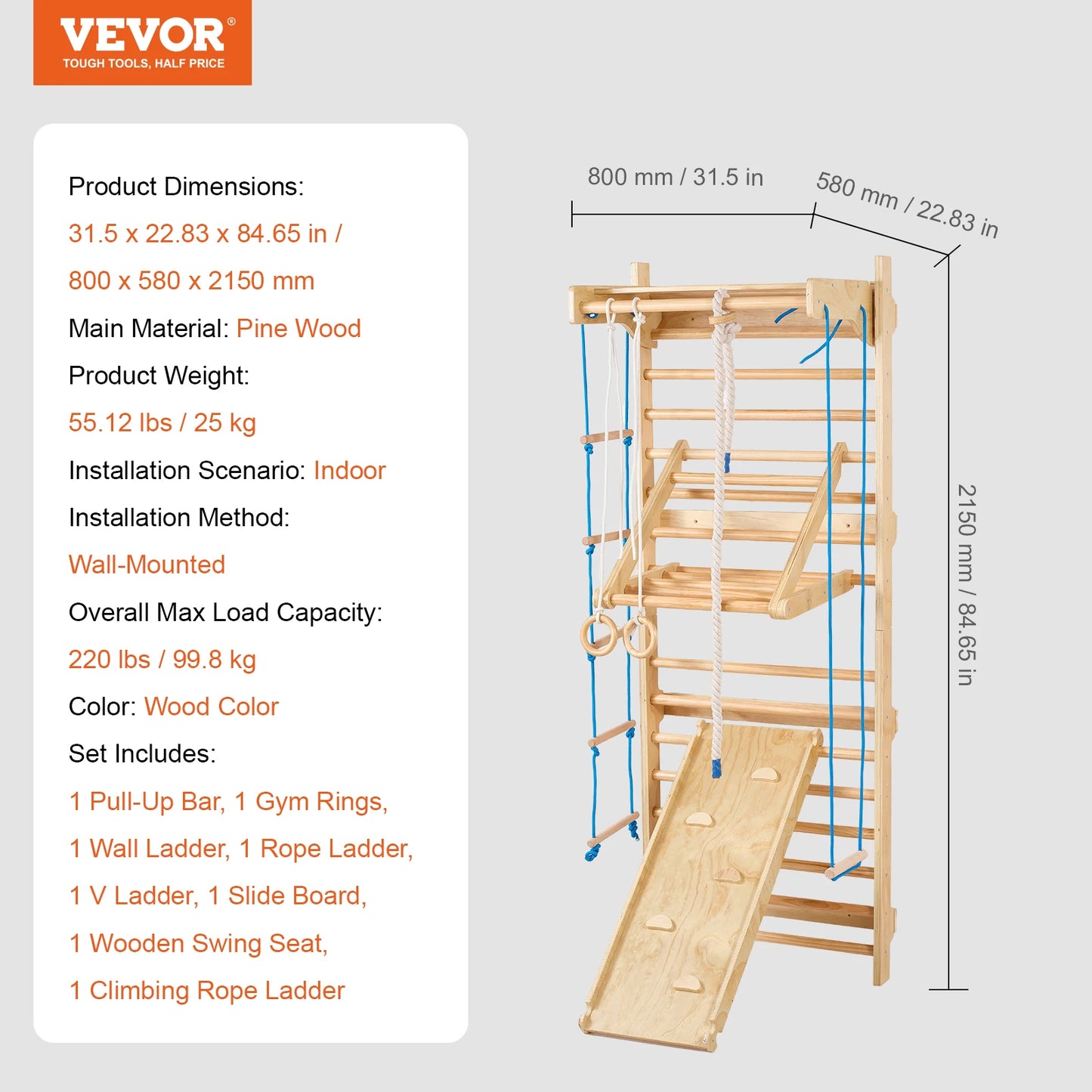 SucceBuy Swedish Ladder Wall Gym Wooden Indoor Playground Climbing Toys for Kids Ages 3 to 6 Years