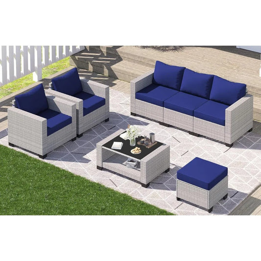 7 Piece Outdoor Patio Furniture Set Rattan Sectional Chairs Glass Table Wicker Conversation Seating