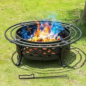 42 Inch Outdoor Wood Burning Fire Pit with Spark Screen and Fire Poker Round Metal Crossweave Design