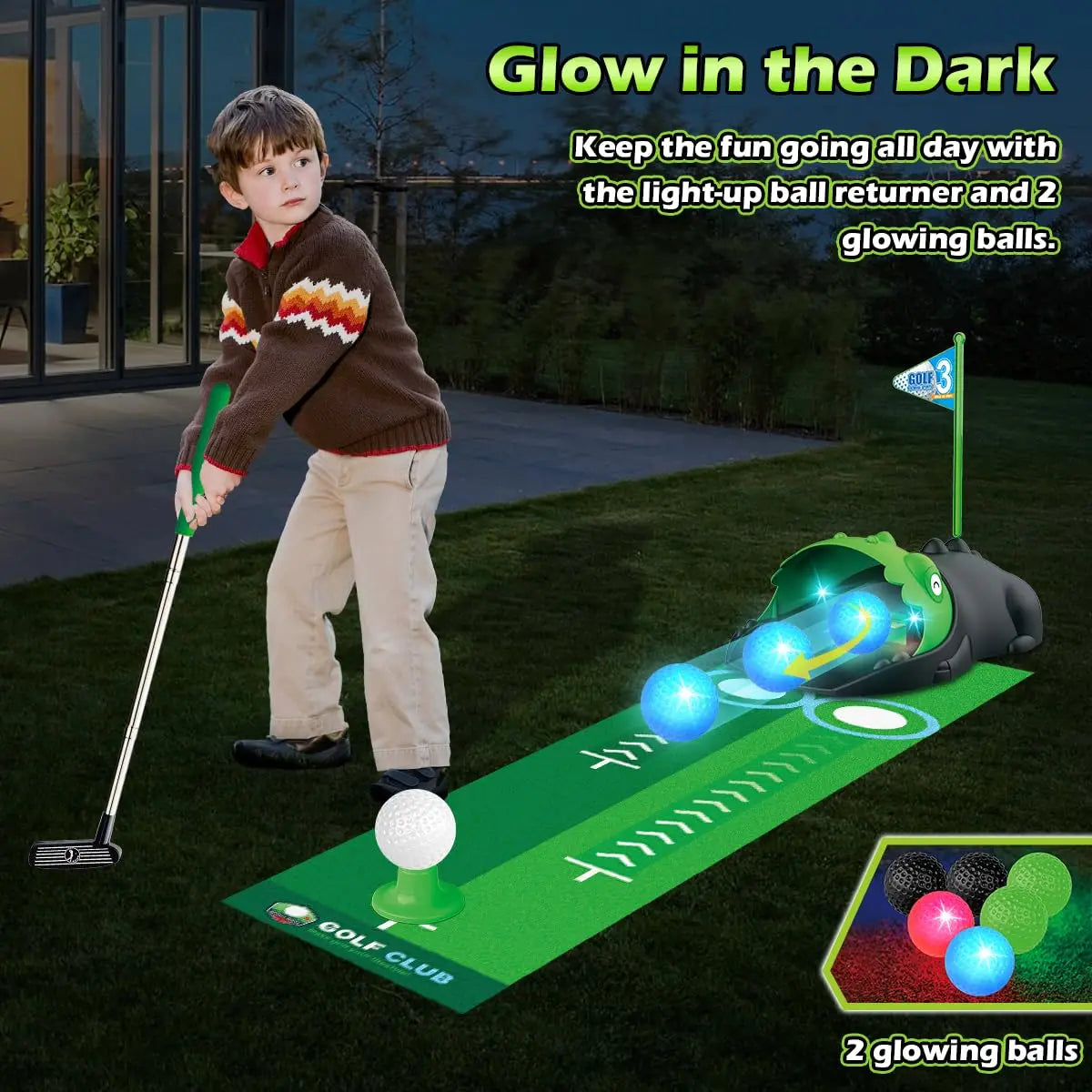 Kids Toy Golf Club Set with LED Automatic Ball Returner Golf Putting Mat Mini Golf Game Sports Gift for Boys and Girls Ages 3 and Up