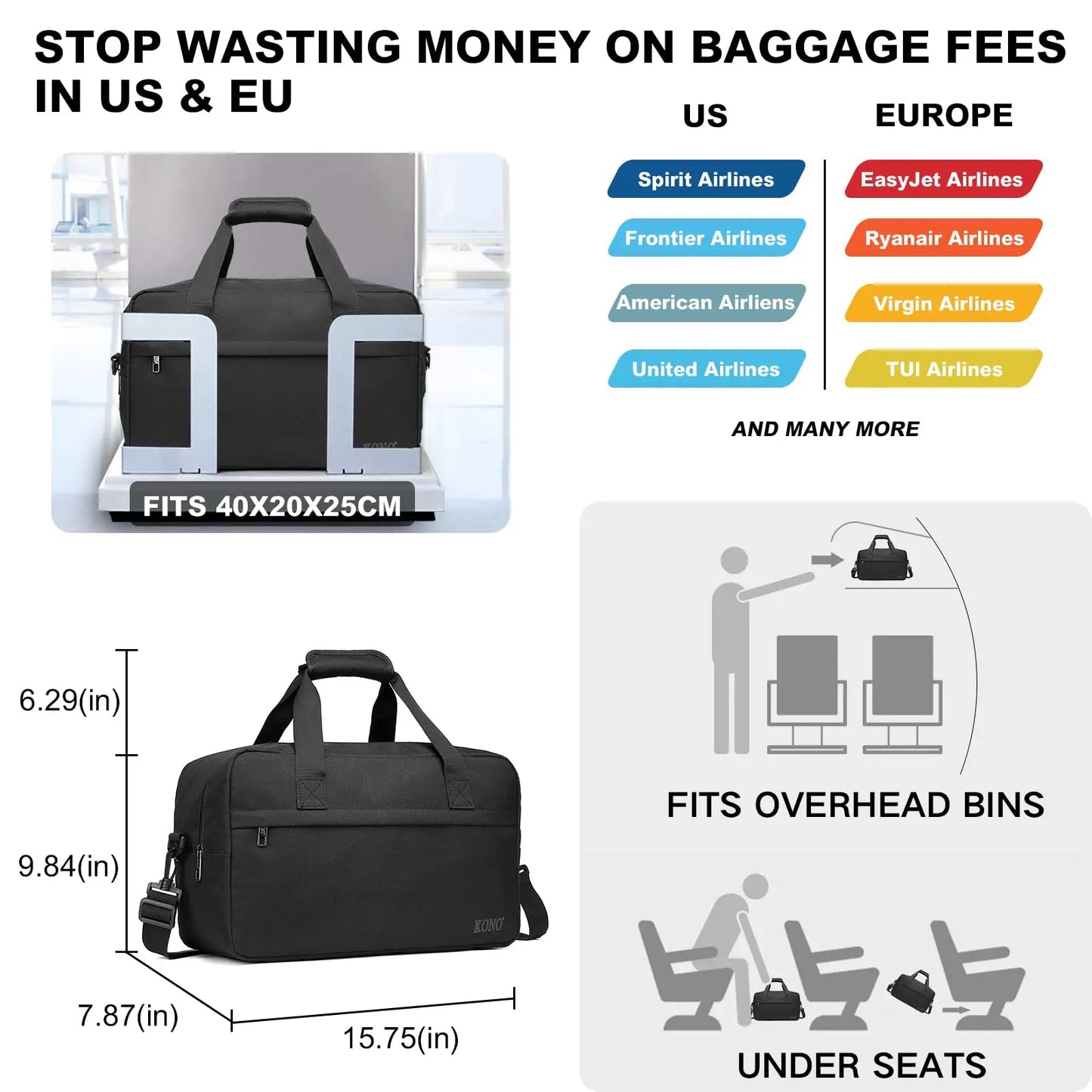 Kono Cabin Bag 40x20x25cm Underseat Carry On Hand Luggage Travel Duffel 20L