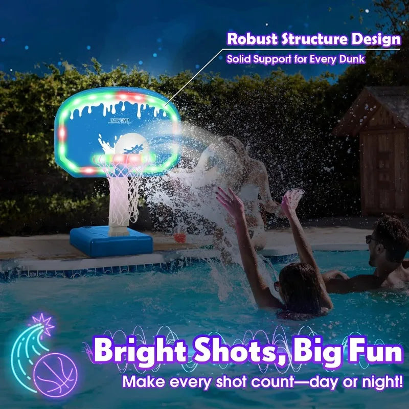 2 in 1 LED Pool Volleyball and Basketball Game Set Light Up Pool Sport Combo Set with 14 Inch LED Rim 4 Glow Balls 2 Base Pump