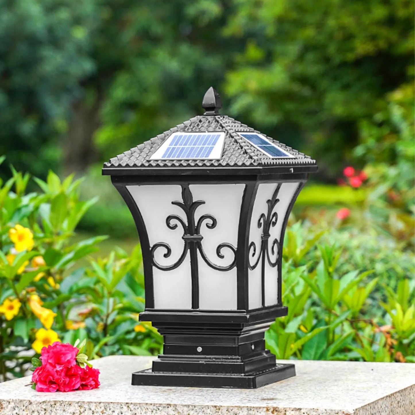 Solar LED Post Pillar Light Waterproof Black Garden