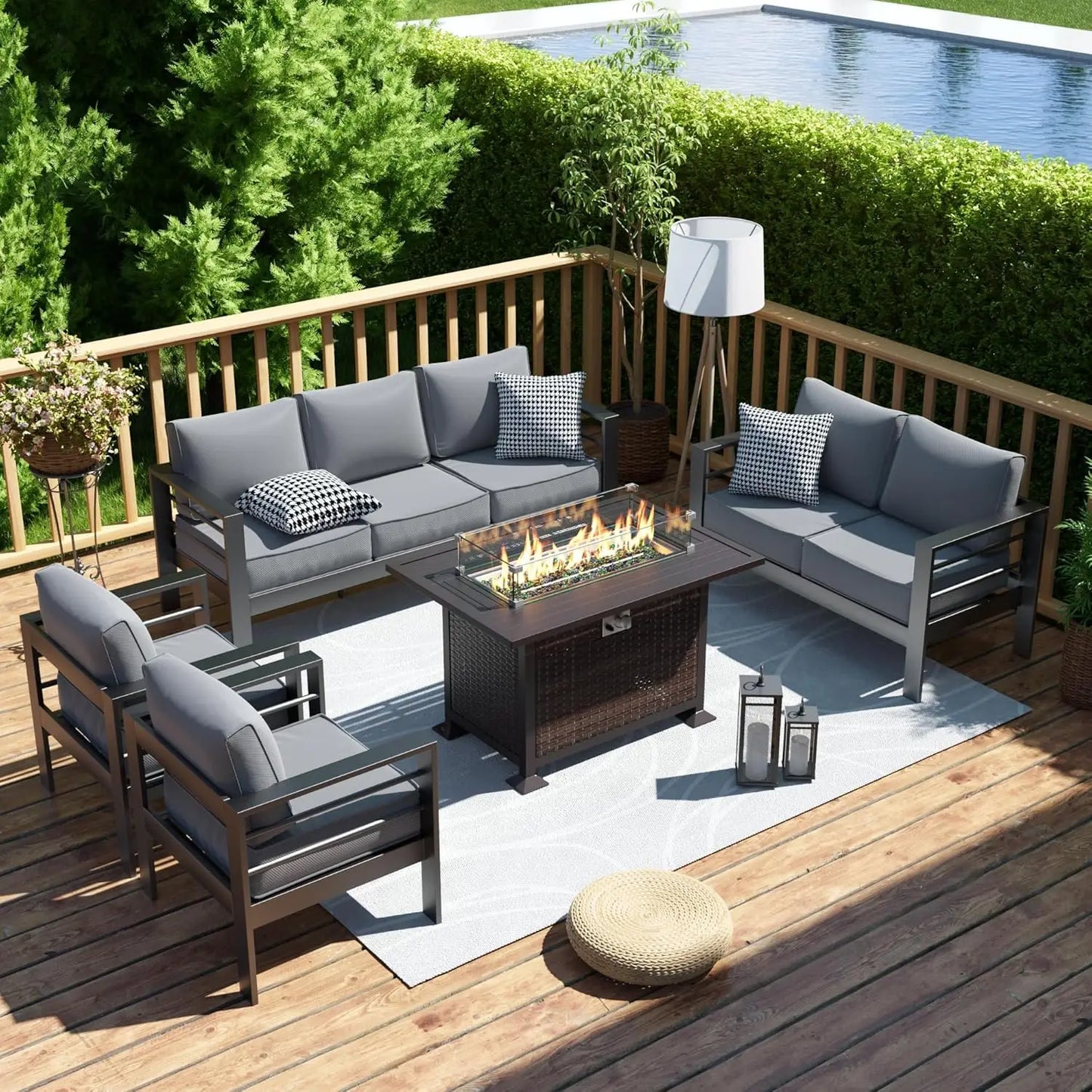 Patio Furniture Set with Fire Pit Table 6 Pcs Aluminum Outdoor Sectional Metal Modern Sofa Set