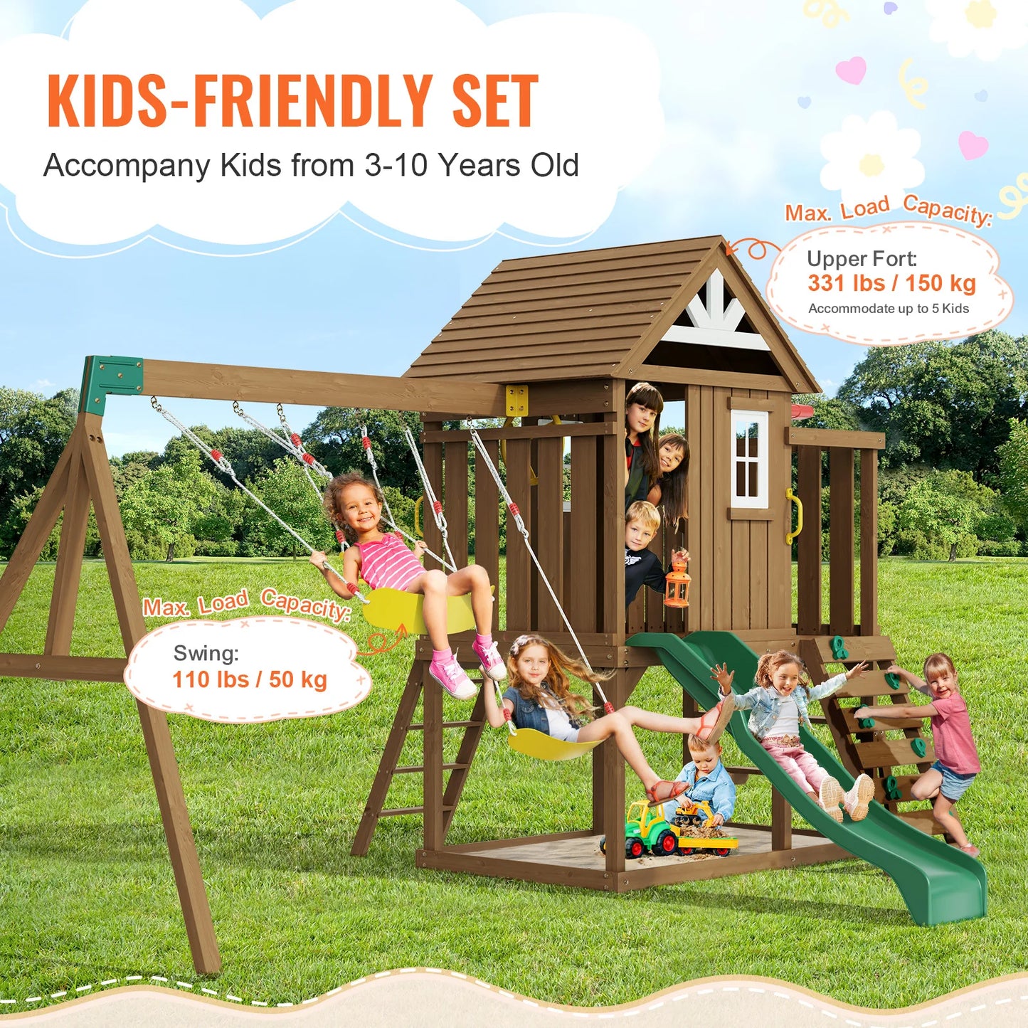 VEVOR Wooden Swing Set 9 in 1 Outdoor Playground Set for Backyards with 2 Swings Trapeze Bar and 6 FT Slide Large Upper Fort