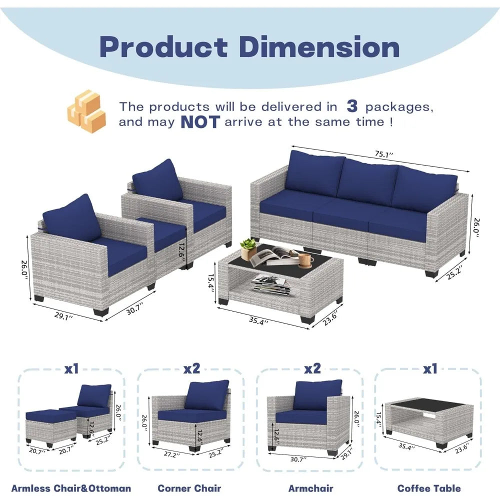 7 Piece Outdoor Patio Furniture Set Rattan Sectional Chairs Glass Table Wicker Conversation Seating