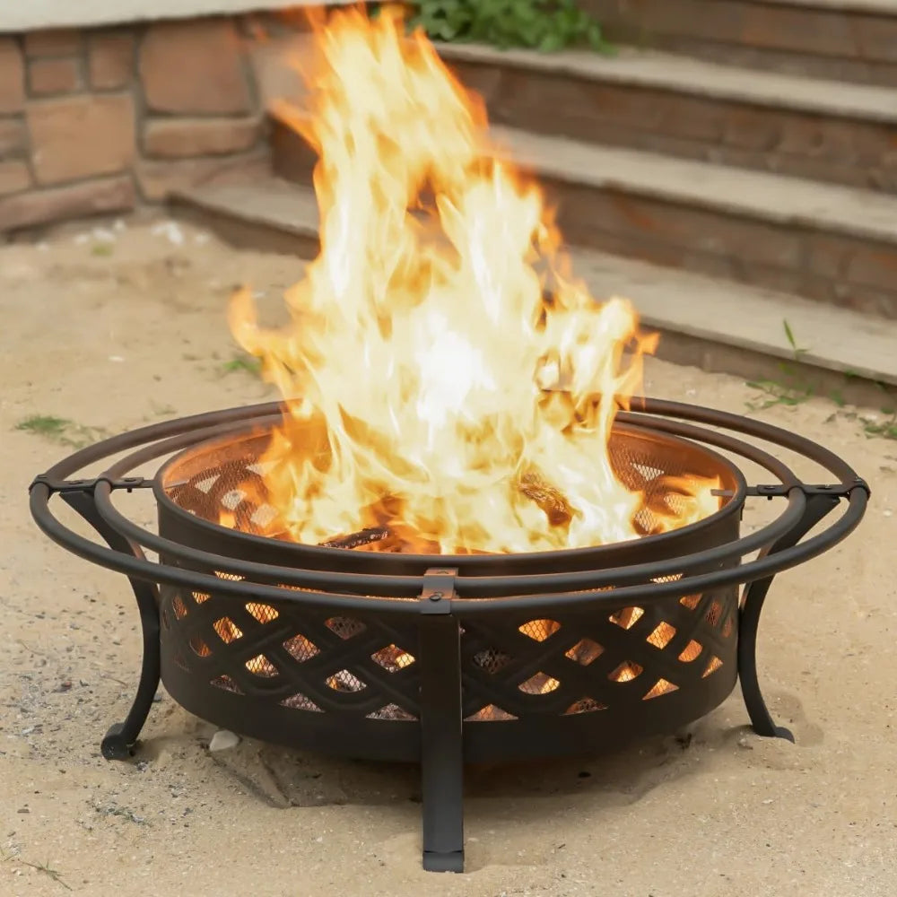 42 Inch Outdoor Wood Burning Fire Pit with Spark Screen and Fire Poker Round Metal Crossweave Design