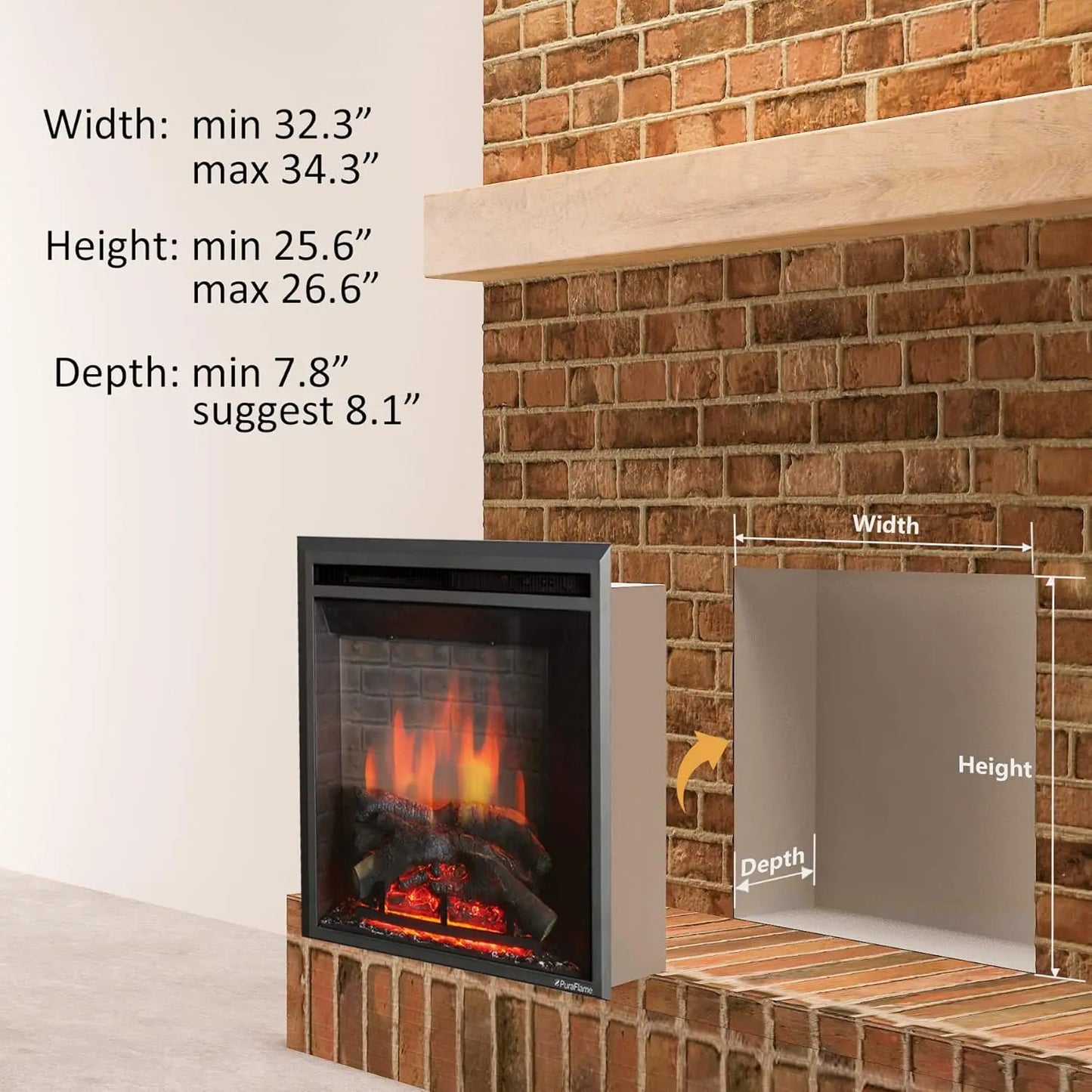 Electric Fireplace Insert with Remote Control and Fire Crackling Sound 750 1500 Watts Black 33 Inch Wide 25 Inch High