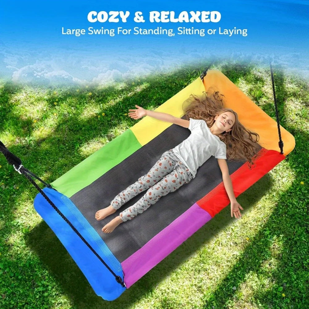 800lb Giant 60 Inch Rectangle Platform Tree Swing for Kids and Adults with 2 Hanging Straps Rainbow