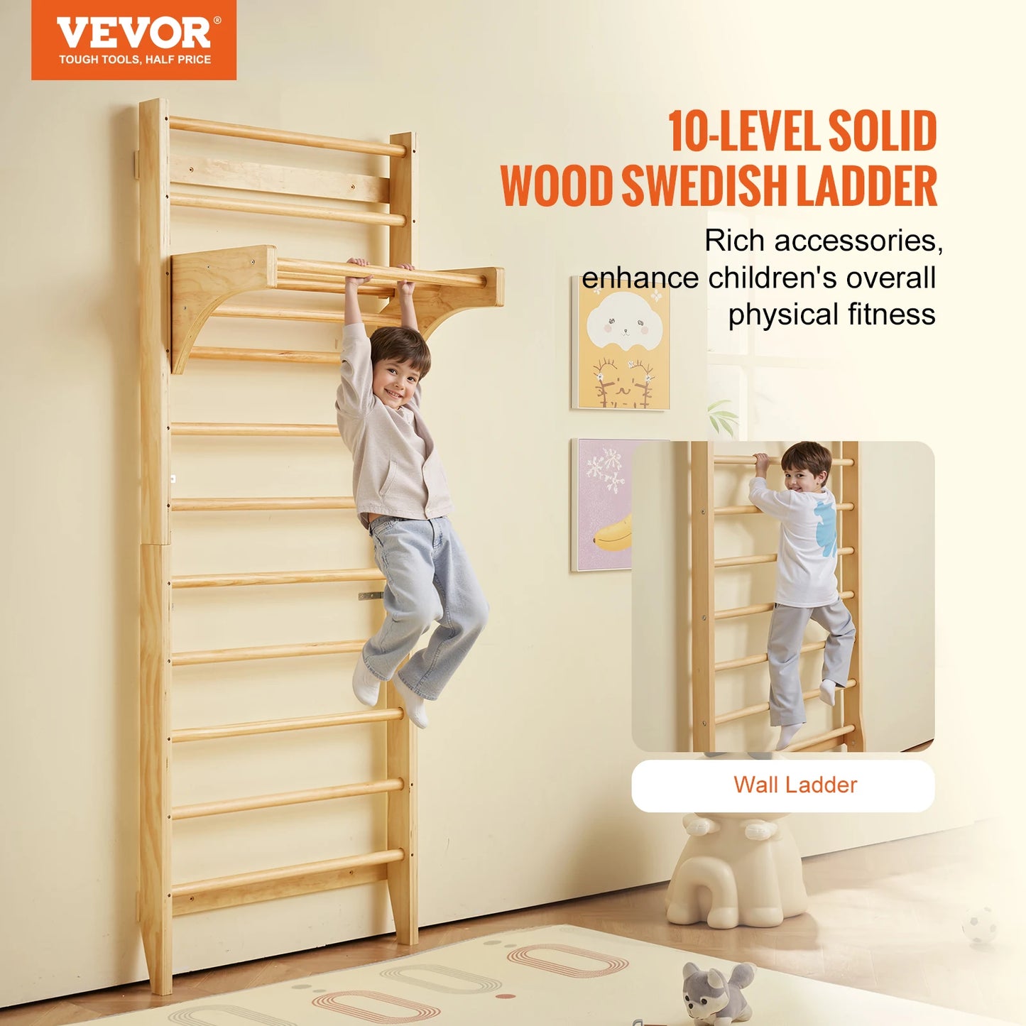 SucceBuy Swedish Ladder Wall Gym Wooden Indoor Playground Climbing Toys for Kids Ages 3 to 6 Years