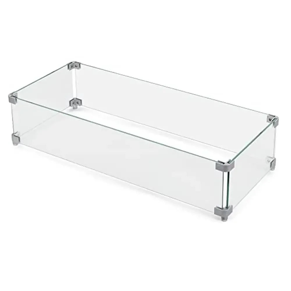 Rectangular Glass Fire Pit Wind Guard Small Outdoor Fire Pit Durable Tempered Glass with Polished Aluminum Brackets Sturdy