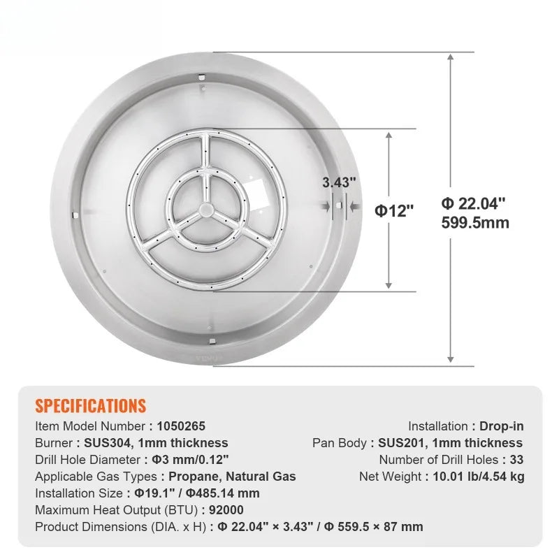 19 Inch Round Drop In Fire Pit Pan Stainless Steel Burner Natural Propane Gas 92000 BTU with Lid