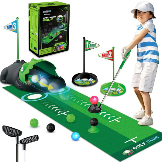 Kids Toy Golf Club Set with LED Automatic Ball Returner Golf Putting Mat Mini Golf Game Sports Gift for Boys and Girls Ages 3 and Up