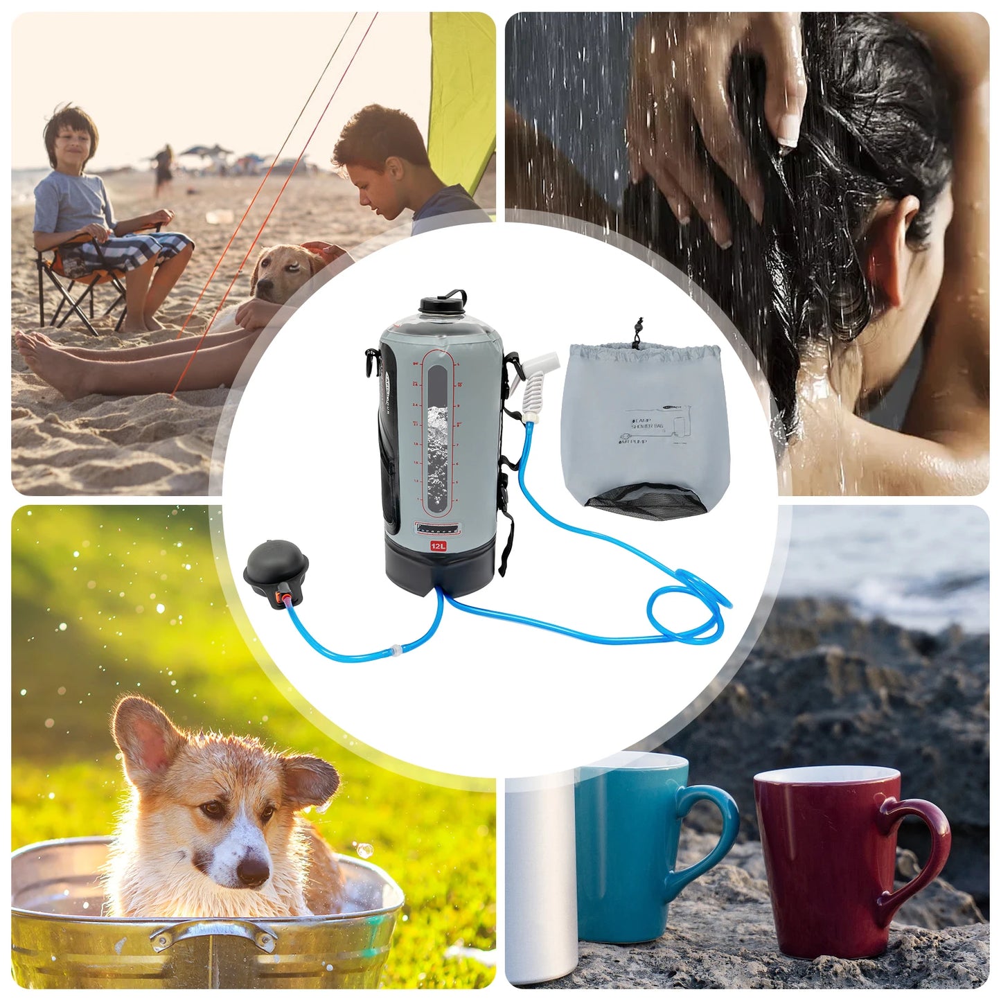 Portable Camping Solar Shower Bag 3 Gallon 12L Pump