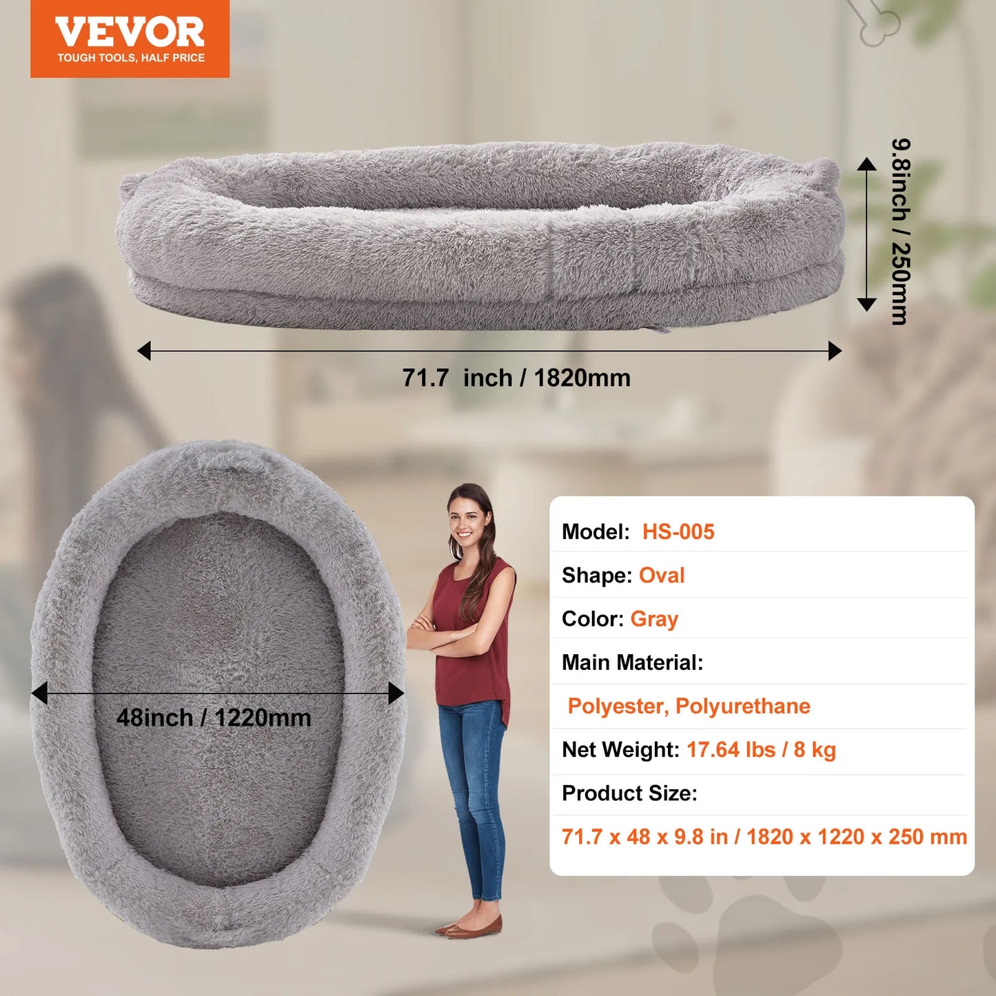 SucceBuy Human Dog Bed Orthopedic Foam Washable Grey