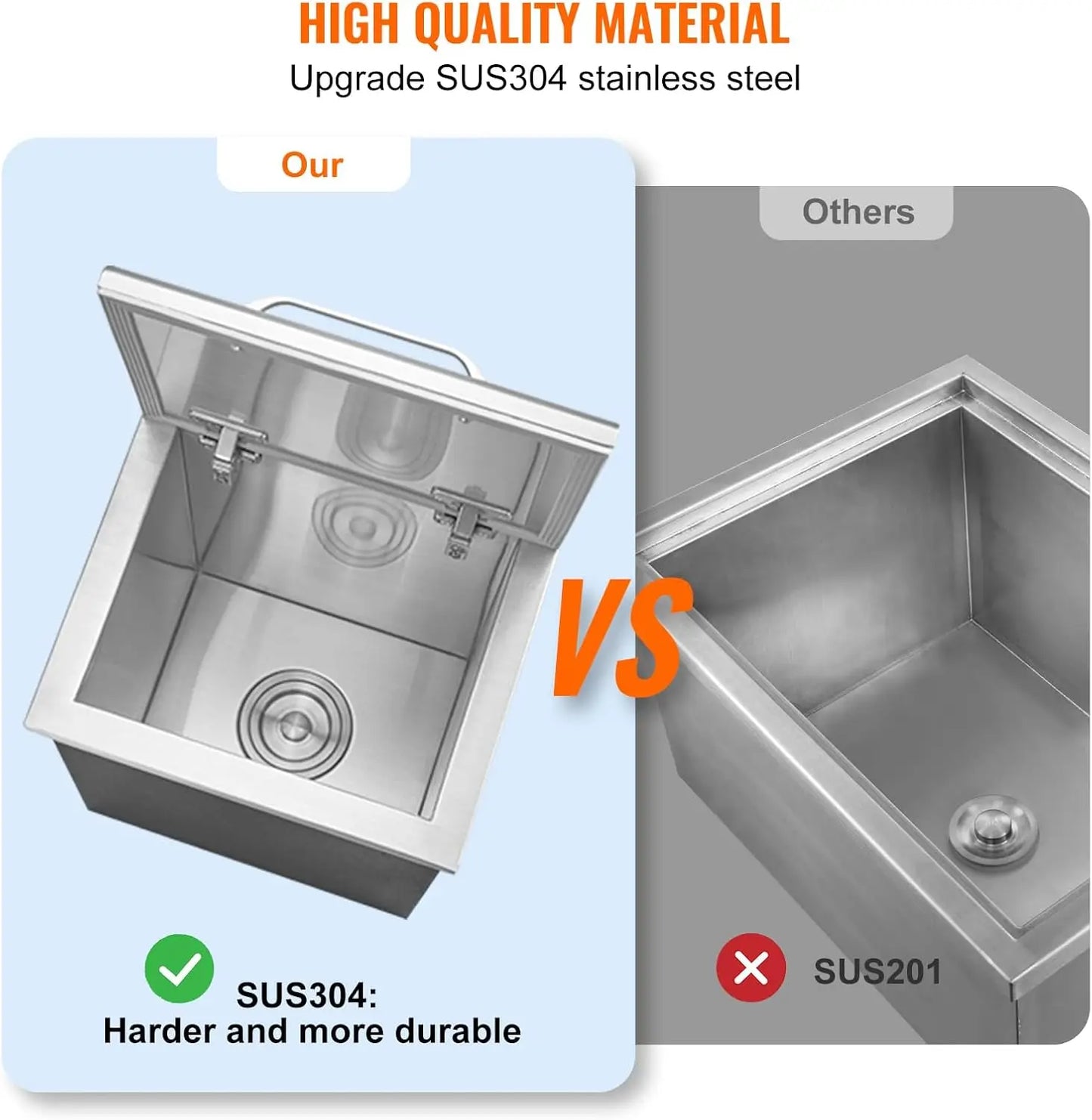 Drop In Ice Chest 18 Inch x 12 Inch x 14.5 Inch Stainless Steel Ice Cooler Commercial Ice Bin with Sliding Cover 40.9 Quart Outdoor