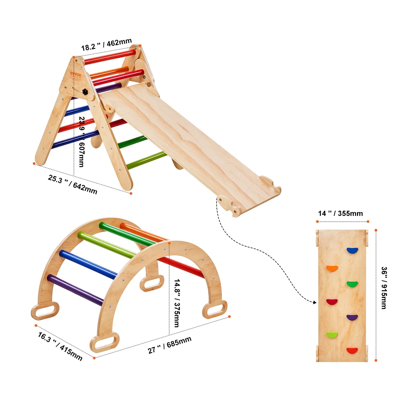 SucceBuy Pikler Triangle Set 5 in 1 Toddler Climbing Toys Indoor Playground for Ages 1 to 3 Large Wooden Climbing Set