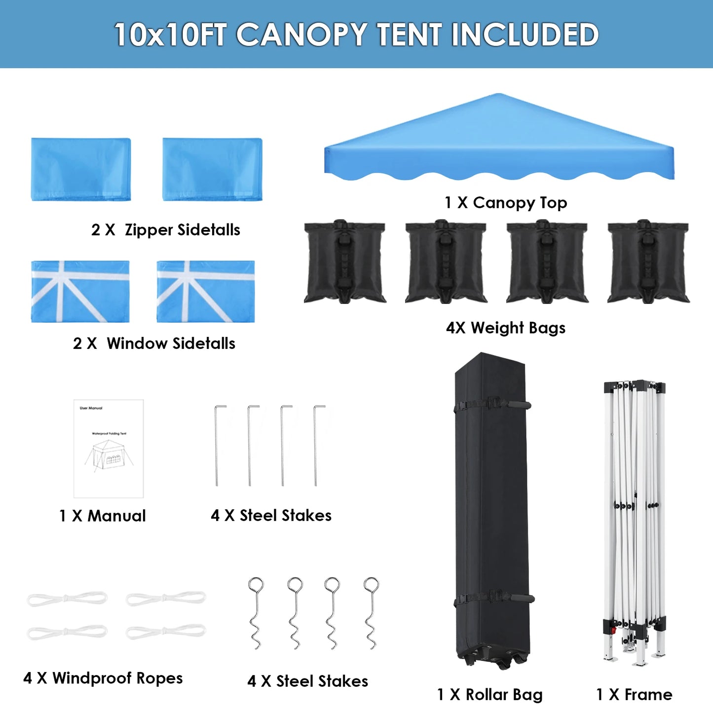 AOOU 10x10FT Pop Up Canopy With 4 Sidewalls Wheeled Bag