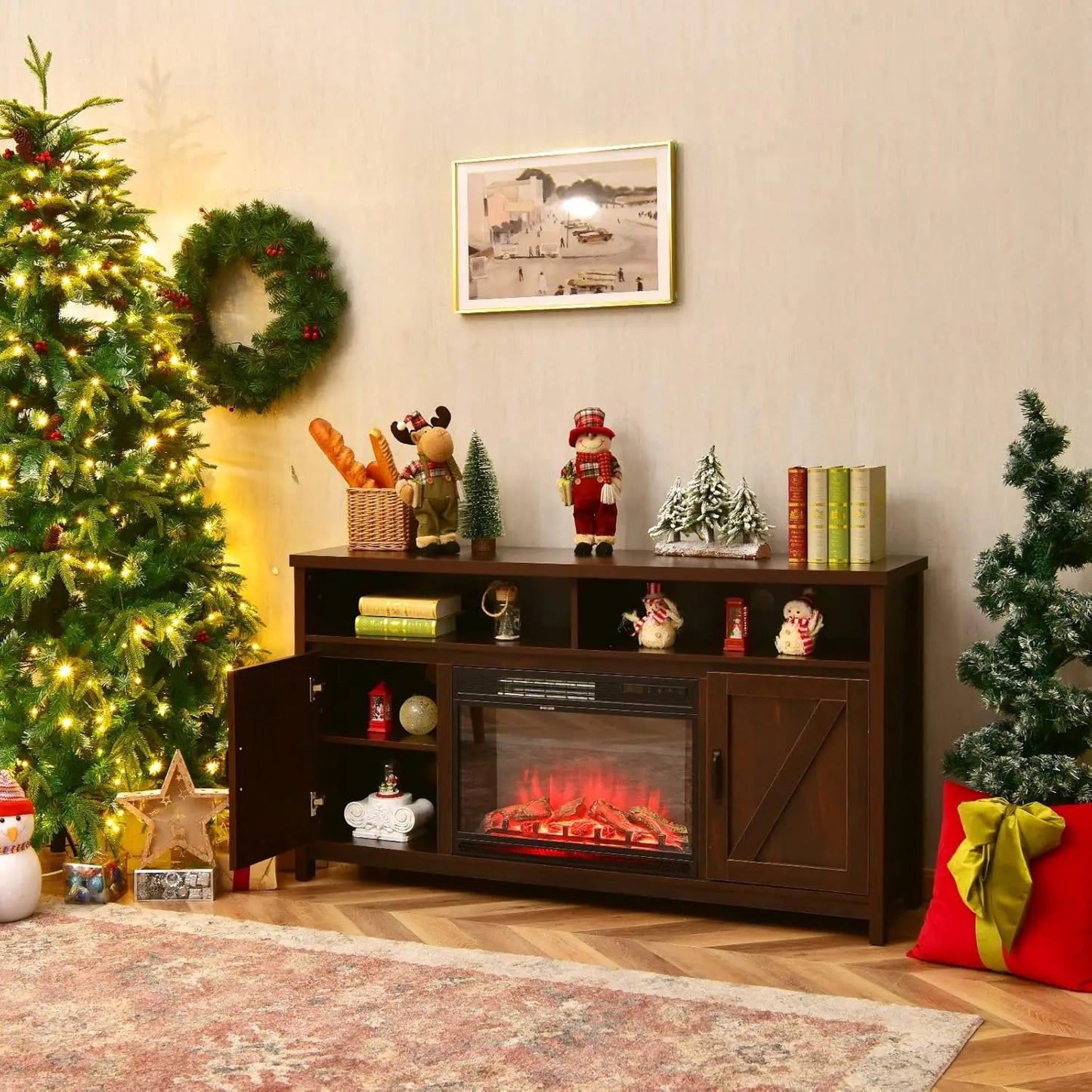 Electric Fireplace TV Stand with 25 Inch 1350W Recessed Faux Fireplace 3 Flame Settings 4 Brightness Remote Control