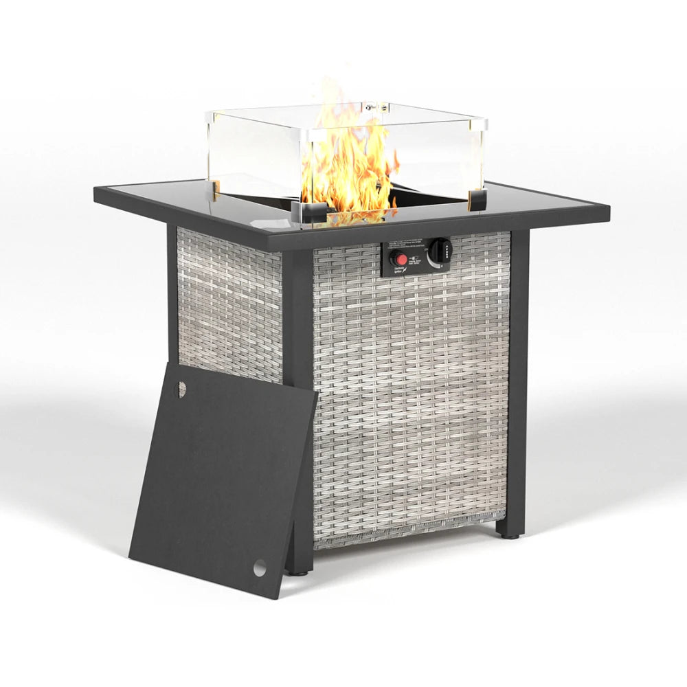 28 Inch Propane Fire Pit Table Rattan Wicker Look 50000 BTU Gas Firepits Tempered Glass Tabletop with Glass Windscreen