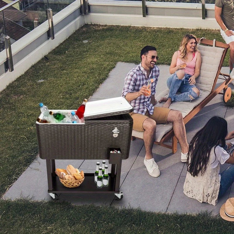 Outdoor Rattan 80QT Party Patio Rolling Cooler Ball Cart Cold Beer Drink Case