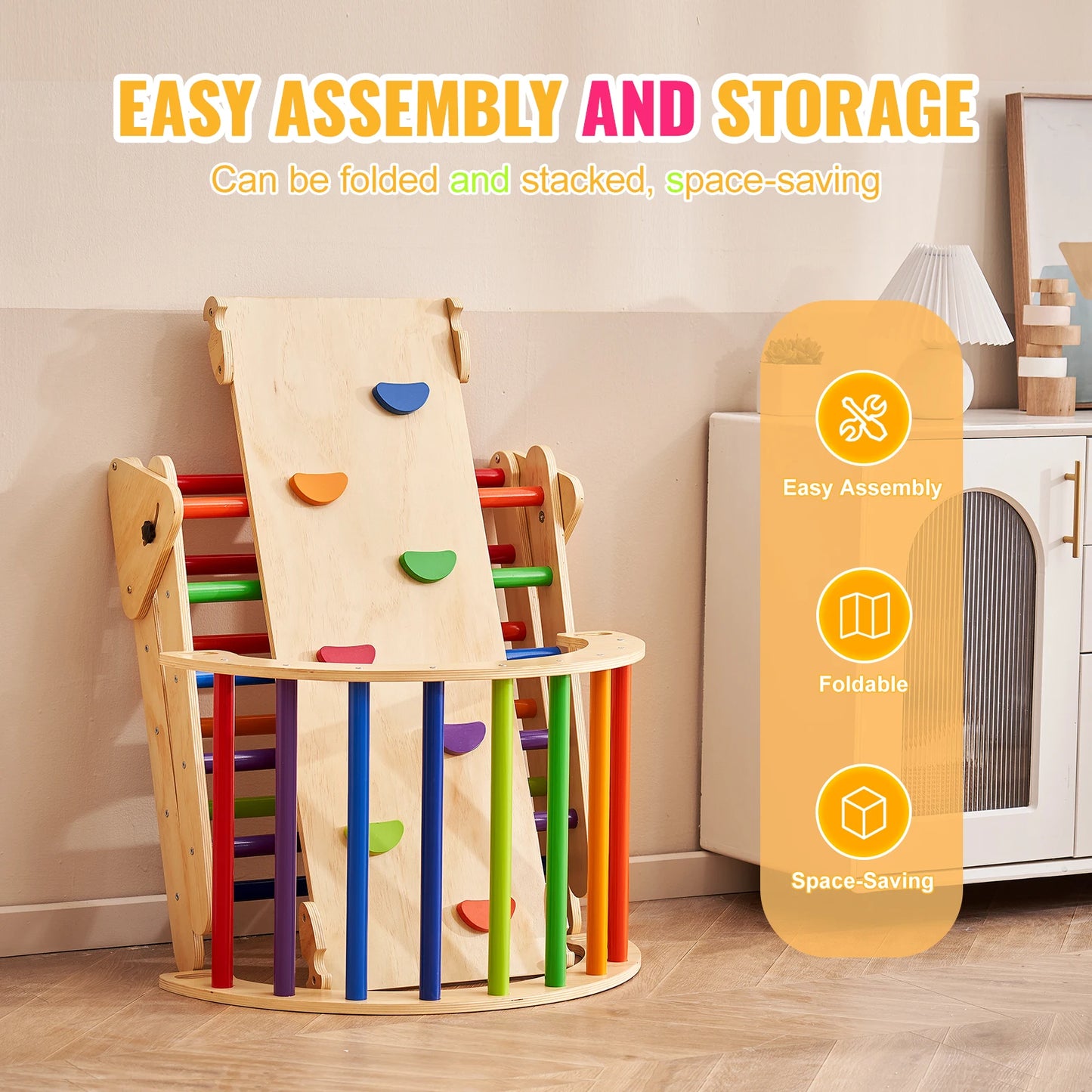 SucceBuy Pikler Triangle Set 5 in 1 Toddler Climbing Toys Indoor Playground for Ages 1 to 3 Large Wooden Climbing Set