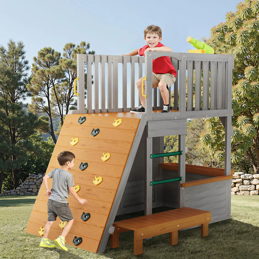 Outdoor Wooden Playhouse for Kids Large Sturdy Design with Lookout Post Climbing Ramp and Telescope Ideal for Ages 3 to 6