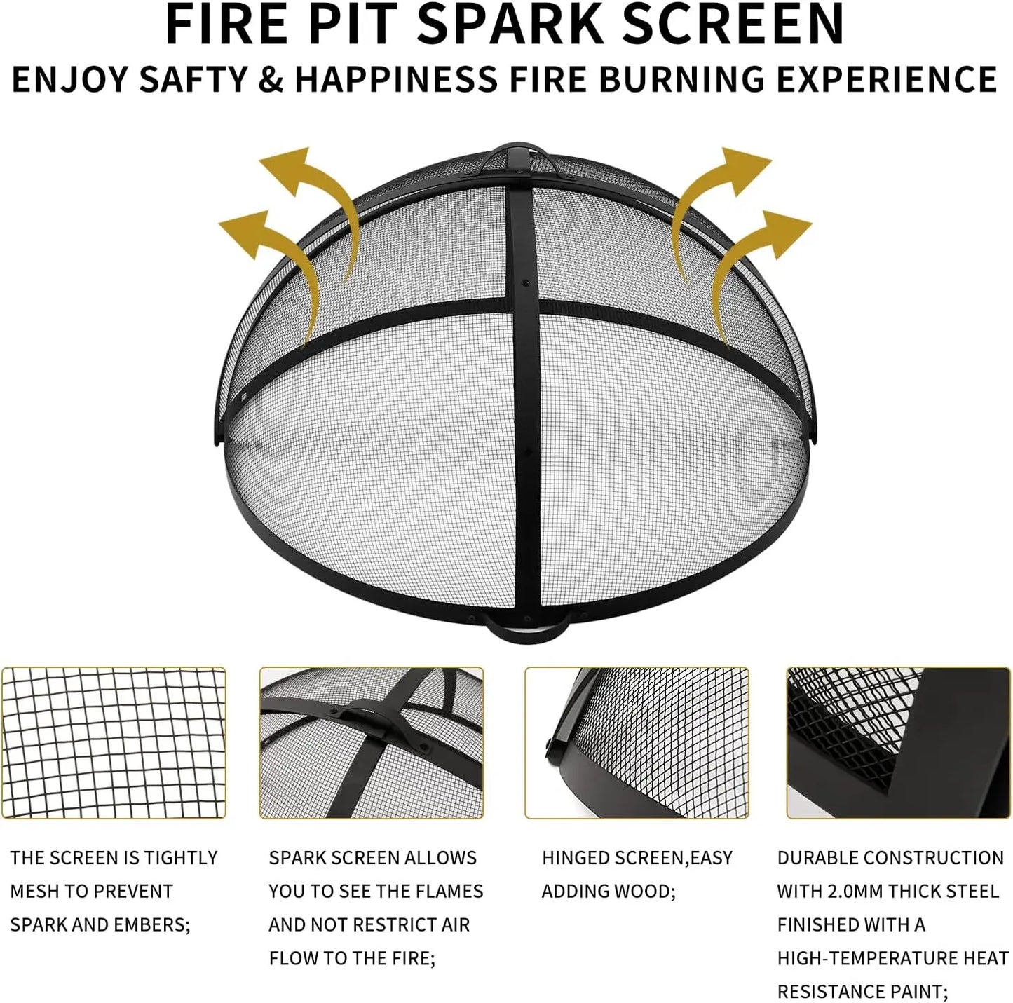 Outdoor Fire Pit Spark Screen Cover Accessory 36 Inch Patio Round Easy Opening Fire Mesh Screen Guard Heavy Duty Steel Firepit Ember Lid with Hinge Black