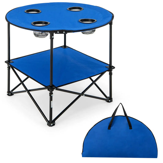 2-Tier Foldable Camping Table with Carrying Bag and 4 Cup Holders for BBQ and Outdoor Use