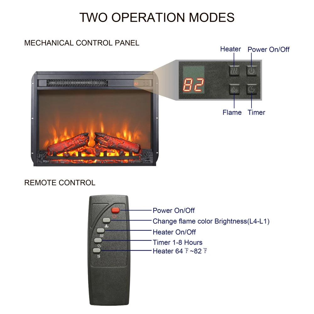 26 Inch Electric Fireplace Insert Ultra Thin Heater With Log Set Realistic Flame Remote Control Timer Overheating Protection