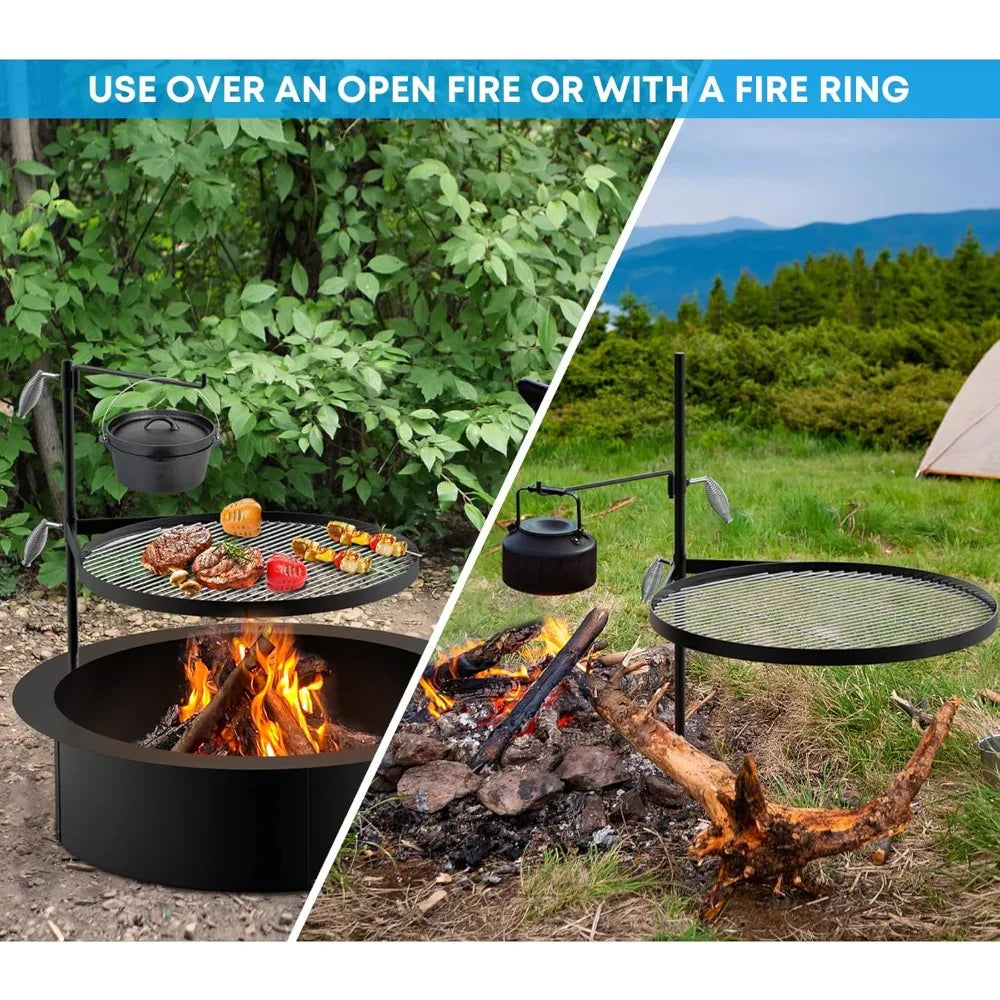 Fire Pit Campfire Grill Grate Stainless Steel Swing Cooking Stand Portable BBQ Barbecue Rack