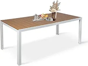 Outdoor Dining Table for 8 Person 71 Inch Aluminum Patio Dining Table with Adjustable Umbrella Hole Slat Rectangle Table Brown and White