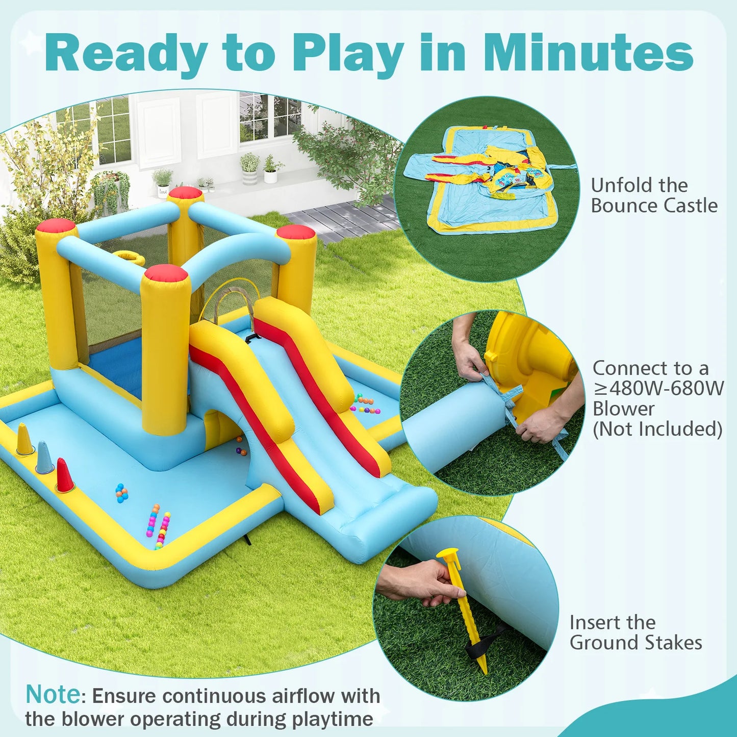 Inflatable Bounce House 7 in 1 Giant Bouncy Castle with Slide Tunnel Basketball Hoop and Ring Toss Game