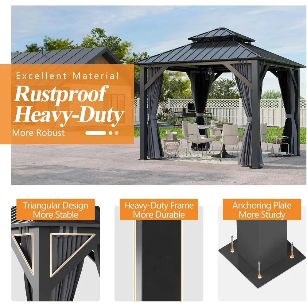 Outdoor Hardtop Gazebo Double Roof Aluminum Steel Netting