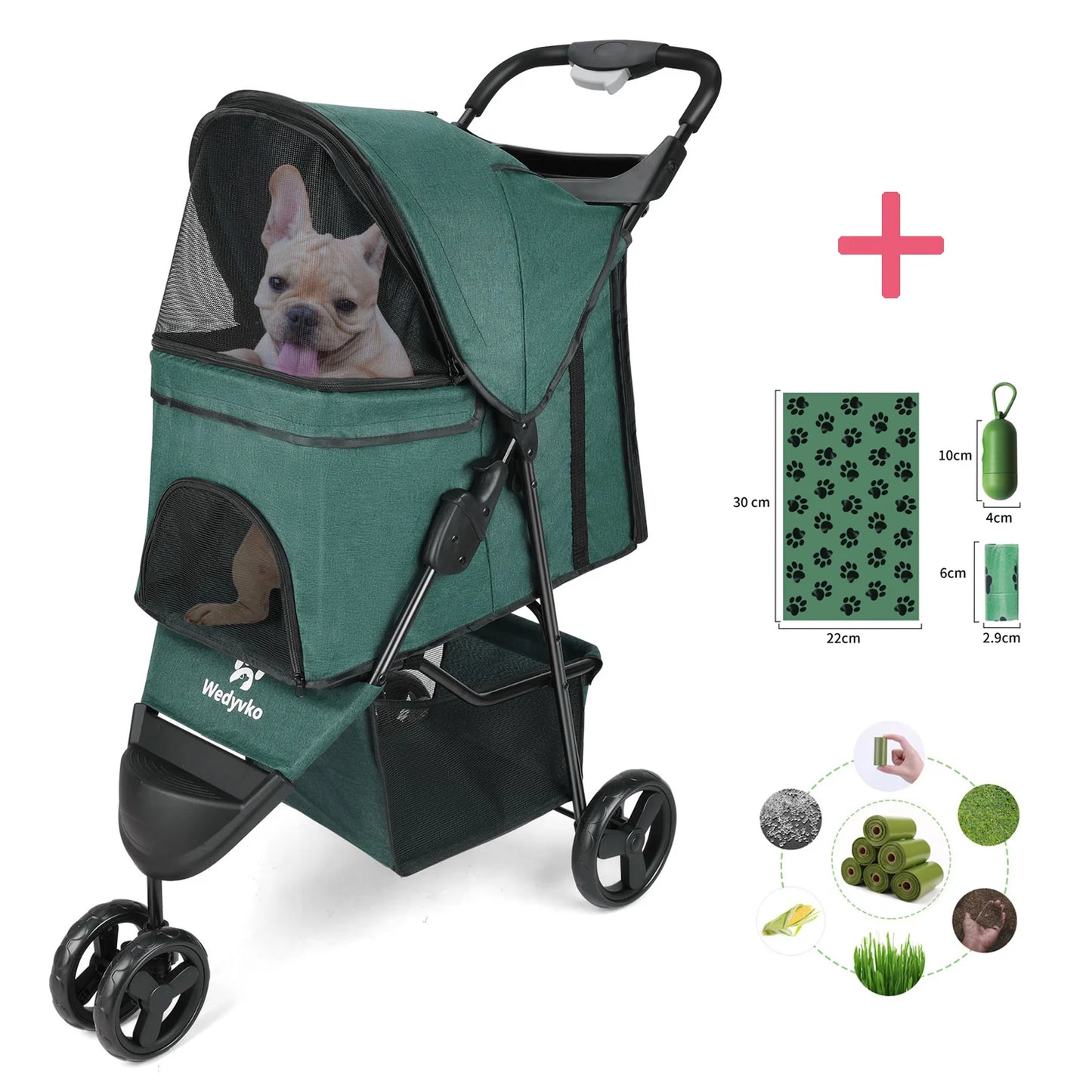 Foldable Pet Stroller With 360 Degree Swivel Wheels Basket