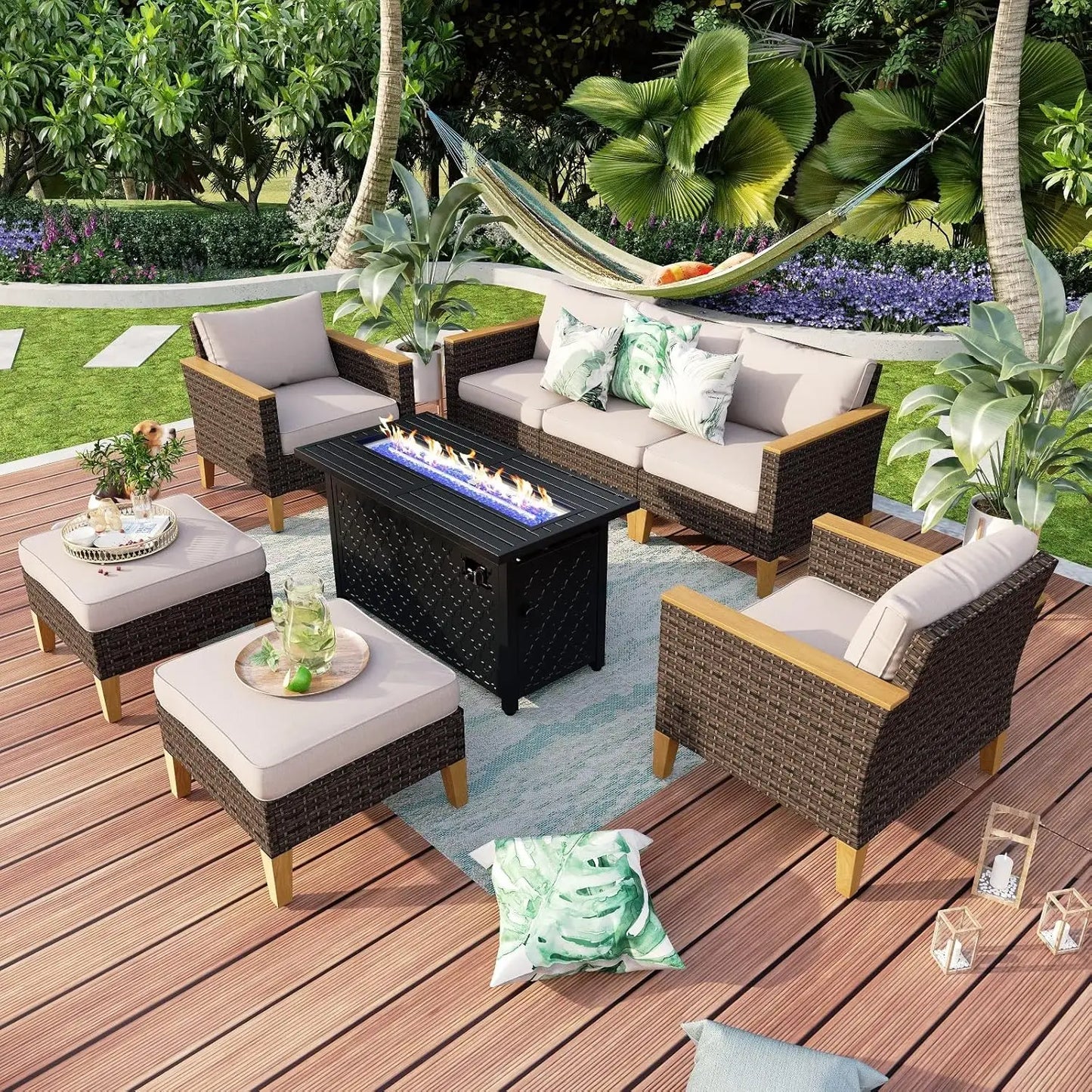 9 Piece Wicker Patio Furniture Set with 56 Inch Fire Pit Table All Weather PE Rattan Sectional Sofa Conversation Set