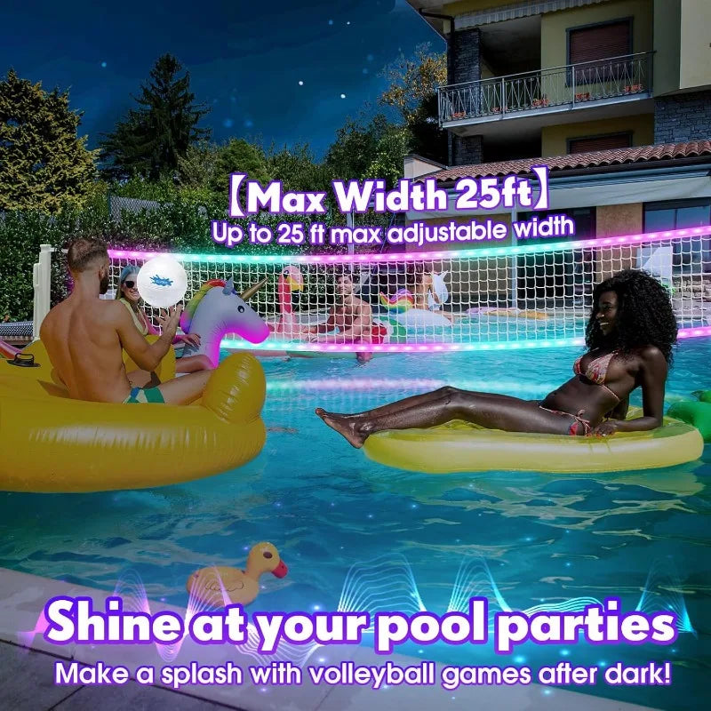 2 in 1 LED Pool Volleyball and Basketball Game Set Light Up Pool Sport Combo Set with 14 Inch LED Rim 4 Glow Balls 2 Base Pump