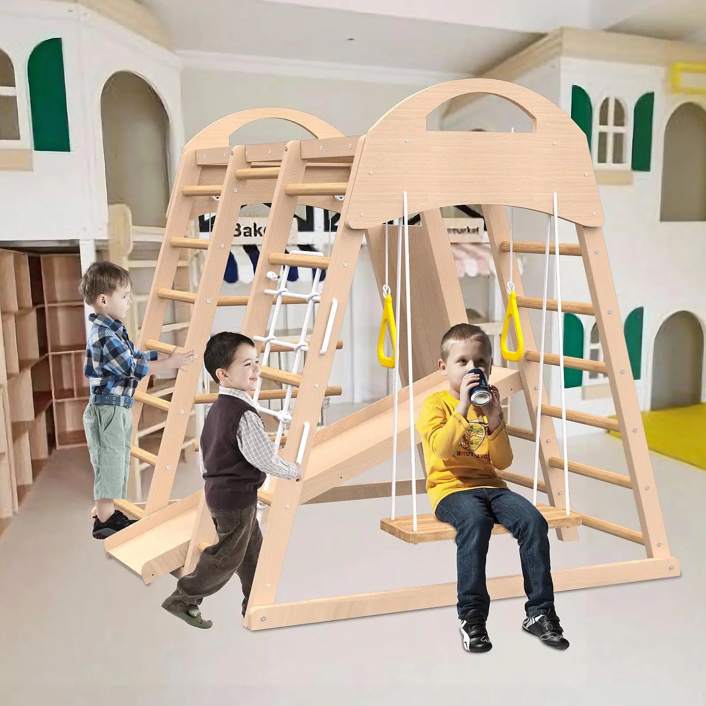 7 in 1 Indoor Jungle Gym Playset for Kids 2 to 6 Years Slide Climbing Wall Swing Monkey Bars Montessori Wooden Playground