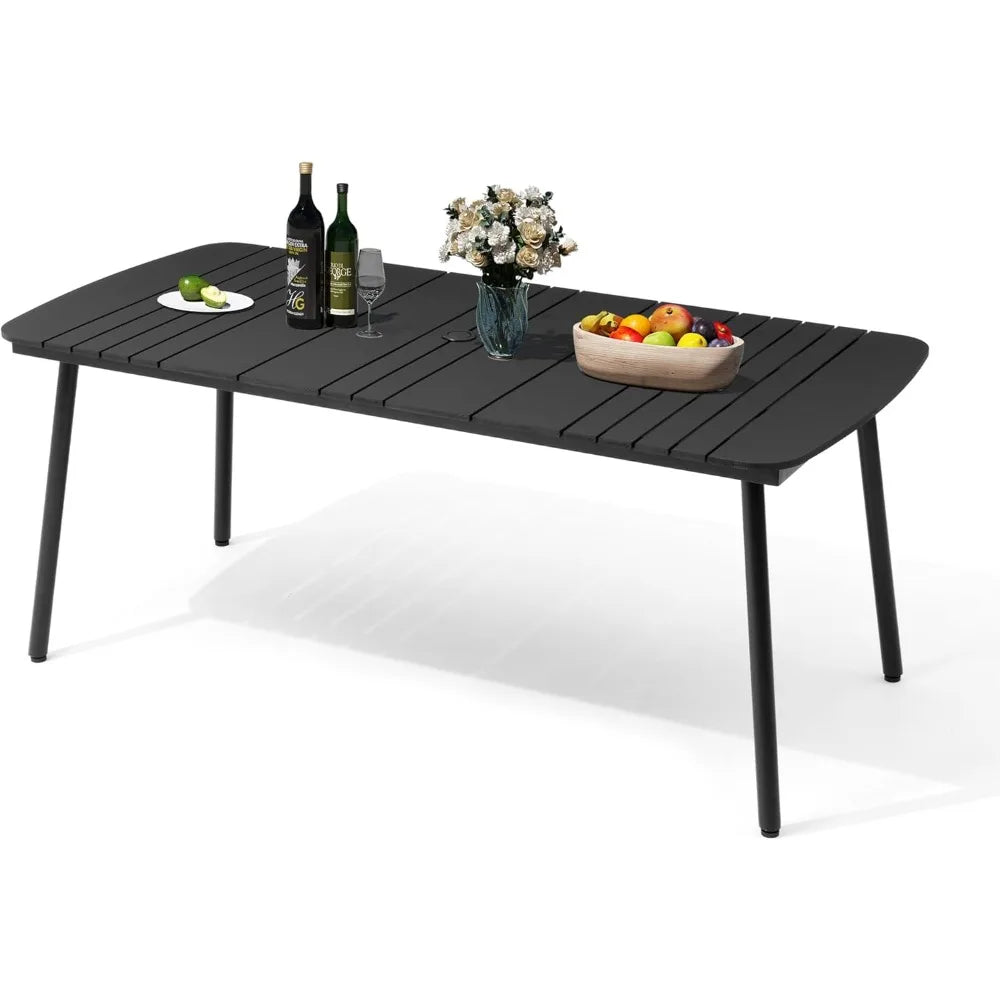 Black Outdoor Dining Table 70 Inch Patio Rectangle Table with Umbrella Hole Aluminum Frame for 4 to 6 People